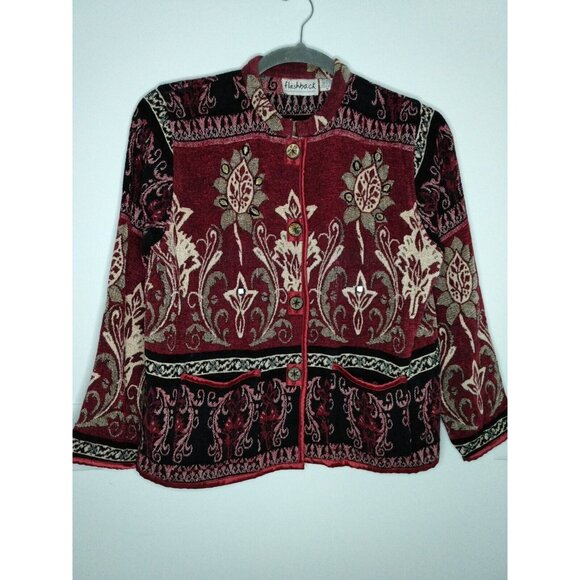 Flashback Jackets & Blazers - Vtg Flashback Womens Sz M Floral Maroon Tapestry Coat Blazer Cropped Jacket